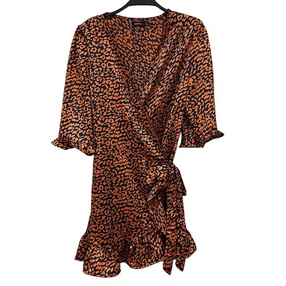 BOOHOO Navy & Orange Ruffled Wrap Dress Half Sleeves Sleek Satiny Short Length - Picture 4 of 15